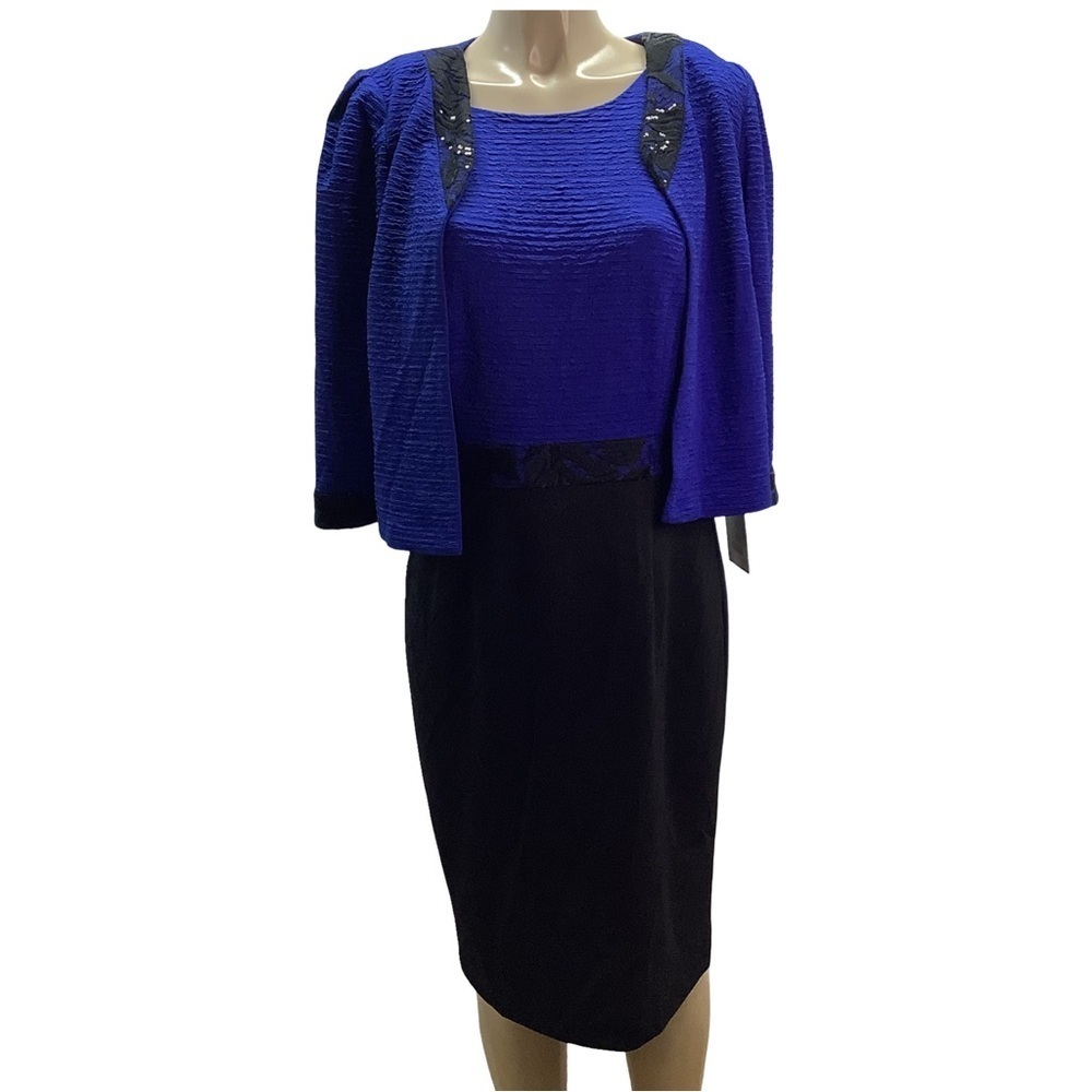 Maya Brooke Size 12 Cobalt Blue & Black Sequence Trim Dress With Jacket Set. New